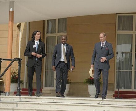 Dipesh Purandare, Clive Myrie and HRH The Duke of Edinburgh on the West Terrace. Credit Ian Smithers, DofE..jpg.article 620